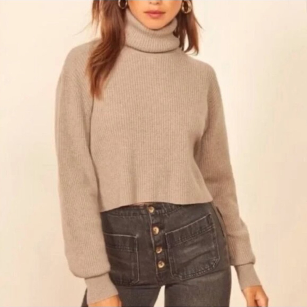 Reformation Luisa Tan Brown Knit Cashmere Turtleneck Cropped Sweater